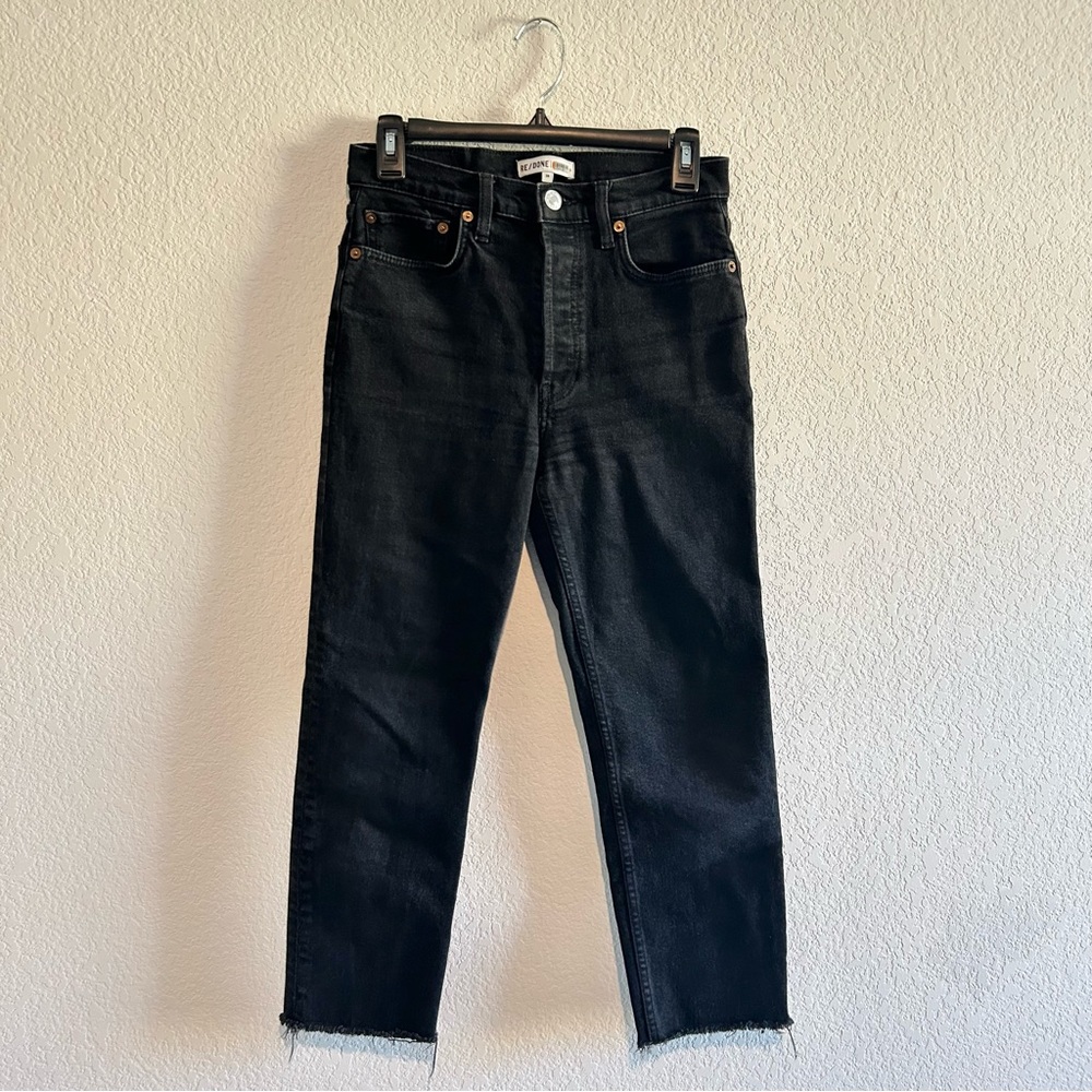 Re/Done High Rise Stovepipe Jeans 28 Jet Black Button Fly Raw Hem Crop